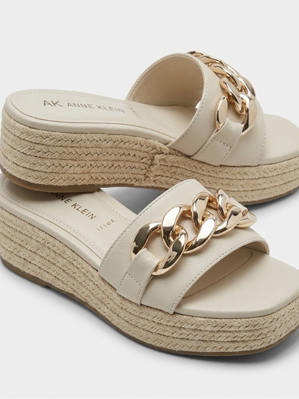 Anne Klein Cream Espadrille Wedge Slides with Gold Chain